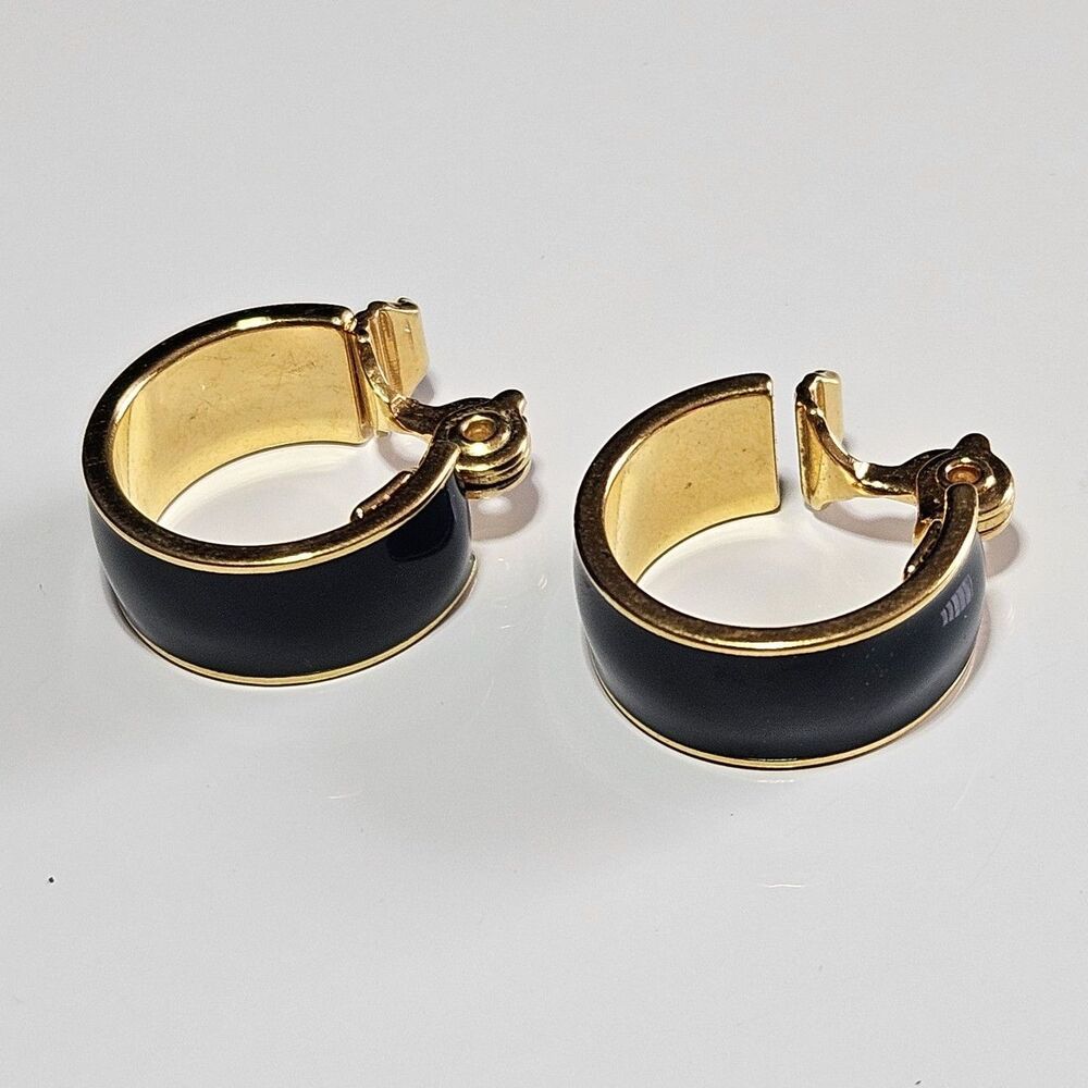 Vintage Monet Gold Plated Blue Enamel Clip On Hoop Earrings